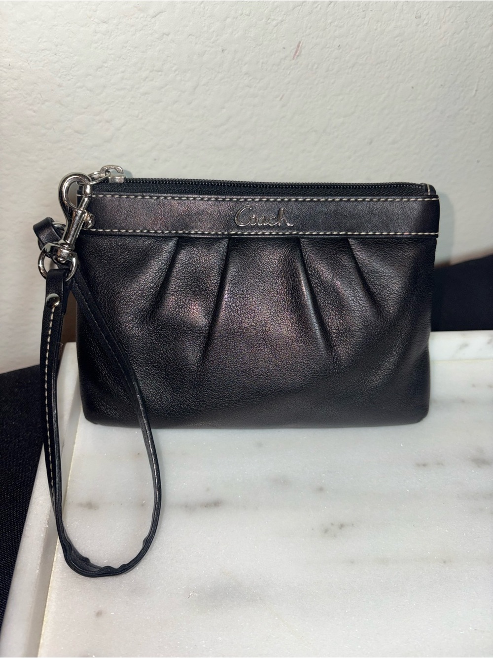 Coach Ashley Pleated Black Leather Wristlet - Classic Coach Logo